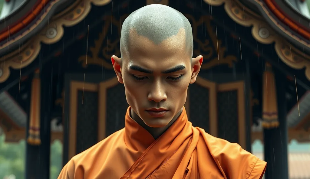 A detailed image of a Thai monk’s serene face, droplets of rain accentuating his calm expression as he stands resolutely under a heavy downpour in front of a traditional wooden temple structure.