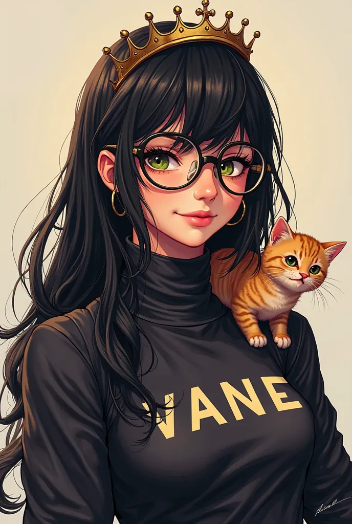 female character game style Free Fire, with long, thick black hair and crown-shaped glasses, WITH A BEAUTIFUL CORANA, with a kitten on the shoulder, turtleneck blouse with the name VANE written on it  