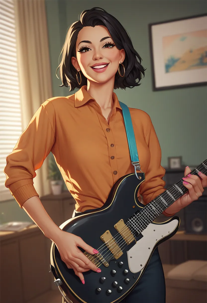 White-skinned girl with black hair with caramel-colored eyes happy with a Fender electric guitar in her hand while in a rehearsal room for musicians 