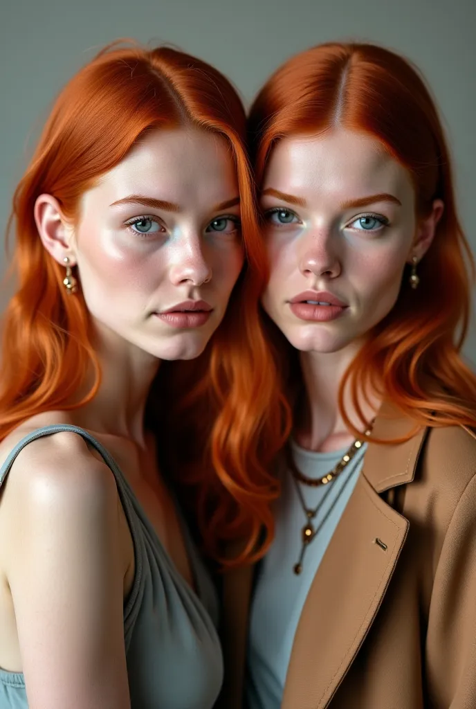 Stylish redheaded identical twins . Realistic photos 