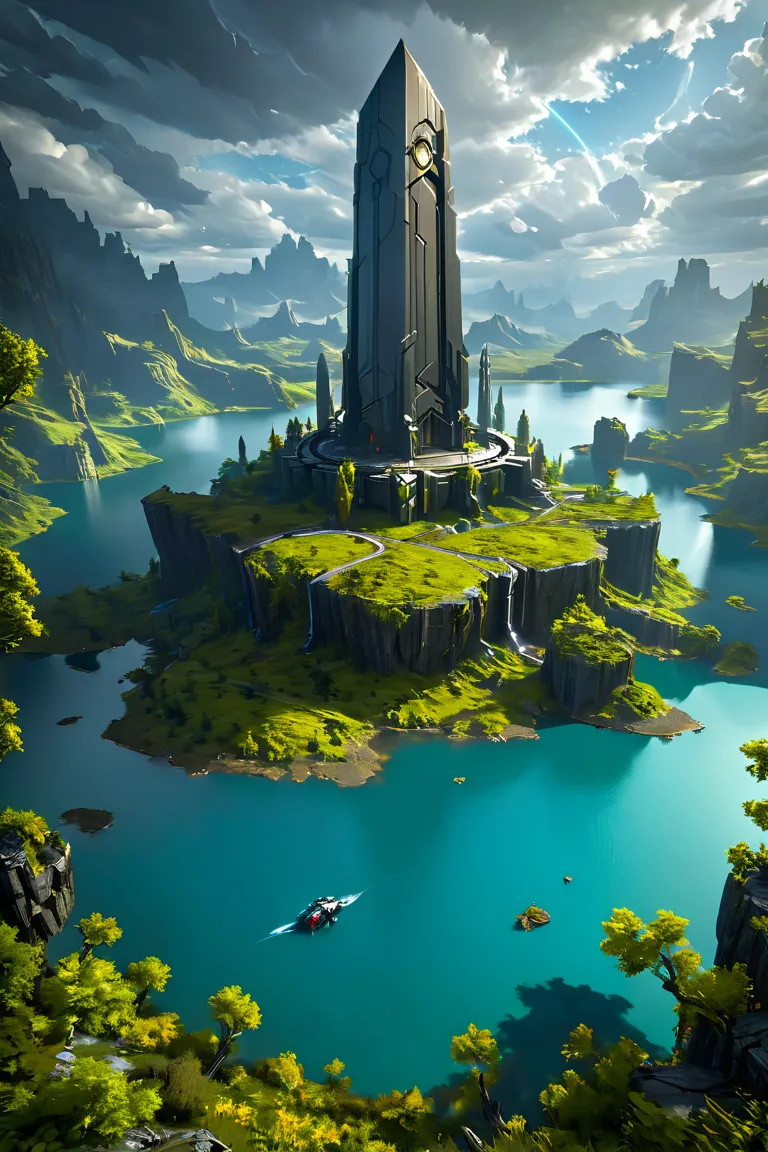 extremely detailed , landscape of an unknown planet, robot monolith, lake, cloudy weather, unreal engine 5, perfect composition, vibrant, rtx, hbao, Roaming Throne