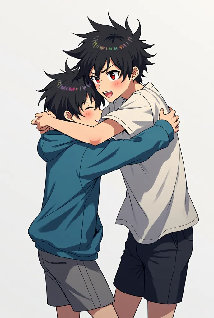 The young man with messy black hair, sparkling red eyes, wearing a loose white shirt and black shorts rushed to hug The cute young man with black hair, brown eyes wearing a blue hoodie and gray shorts, his eyes were closed with emotion. The art style is mo...