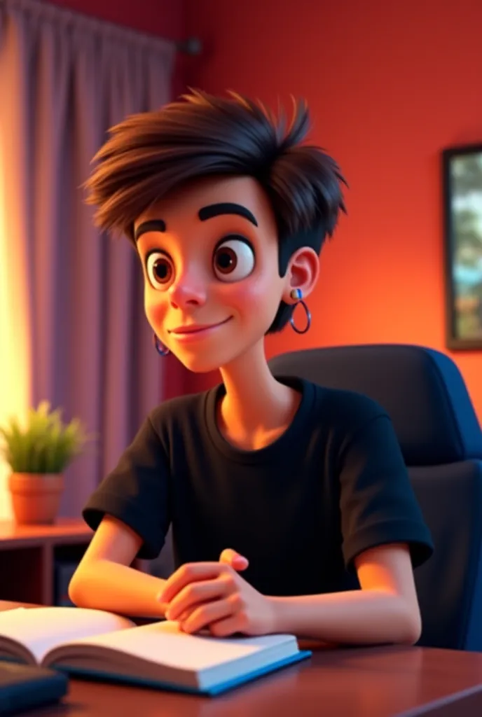 A young man of , with brown short hair, boxy face, and brown eyes, wearing black dress shirt, 3d cartoon, with hoop earring, in a room using a notebook, gamer room, with marsala color.