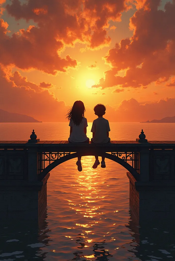 A girl and a boy sitting on the tip of a bridge in the sea watching the sunset, but the two people only see as black as shadows 