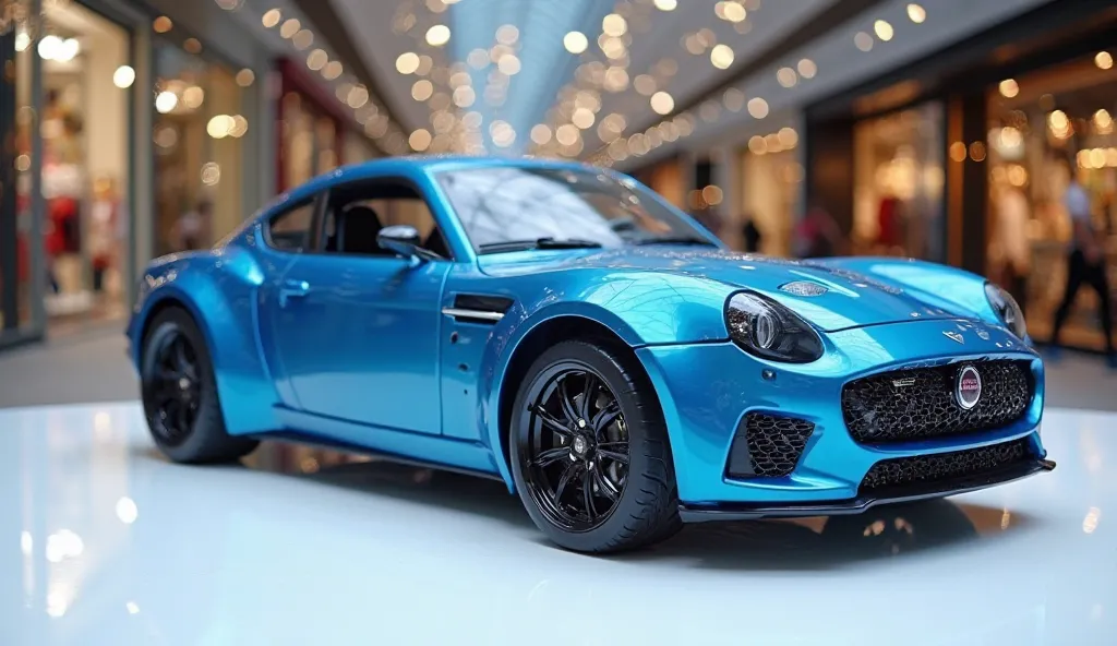 A left and right view photo of a  scale blue2025 fiat 1100  with a sleek, full modified, modern design. The car is parked on a white surface. The background is a shopping mall with white lights. The photo reveals the luxurious interior. The overall ambianc...