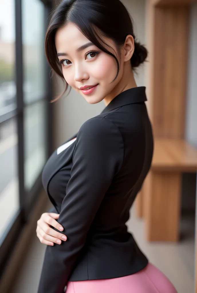 
Beautiful Korean girl with black hair tied black eyes wearing black office suit and pink short skirt above knee tight face half visible facing camera with sweet smile as if saying welcome