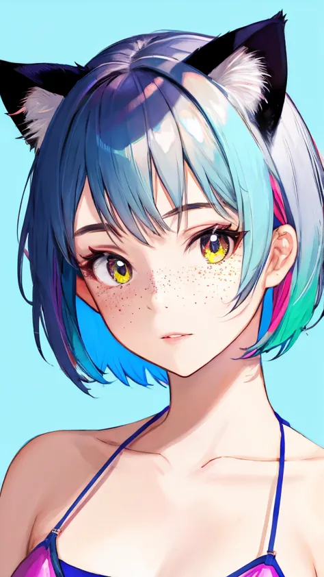 {high definition image}, korean cat girl, cat ears, short hair (pixie cut), pointed nose, thin lips, busty, freckles on the face, wearing a mini bikini, looking at the viewer with a neutral expression, {centered image}, {close up on face}, {just face and c...