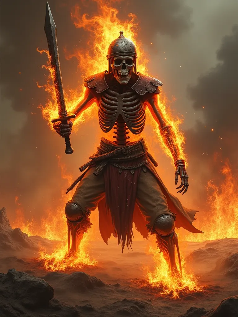 Human Skeleton on fire flames with a burning sword with helmet clothes 1897 in fighting action