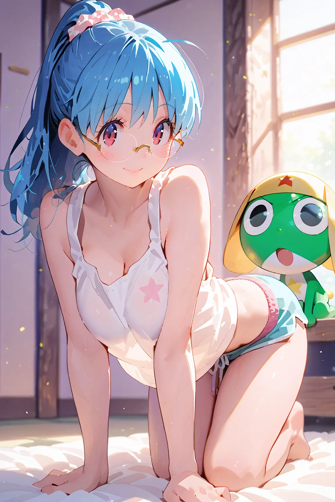 masterpiece,nfsw,  High Definition , best quality,8k,
((Aki Hinata  -keroro gunsou))
, long hair, blue hair, ponytail, glasses,tank top,
,
, fullbody