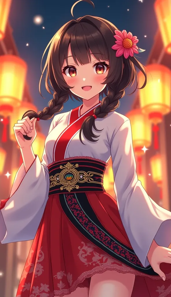 Anime style illustration of a age girl, likely Asian, wearing a vibrant traditional Asian-inspired outfit.  Smiling expression and joyful mood.  Girl is depicted from mid-thigh up, with a dynamic pose.  Her dark brown hair is styled in loose braids with fl...