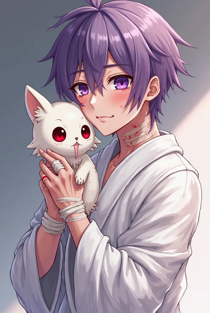 Small...about 4-, bandages white clothes like robes, burns on your hands and neck in addition to part of your face, with a drip of blood coming out of his mouth, and with small cuts on his face, purple hair and watery purple eyes.... Anime boy holding a sm...