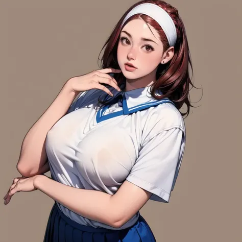 (best quality,4K,8k,highres,masterpiece:1.2),breasts,(Realistic,photoRealistic,photo-Realistic:1.37), (( Middle Ages , academia, A young student, She wears a physical education uniform, Alone, shy)), ((bust size too large for her young age)), She wears a h...