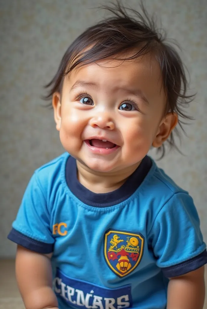 A baby wearing a blue team jersey 