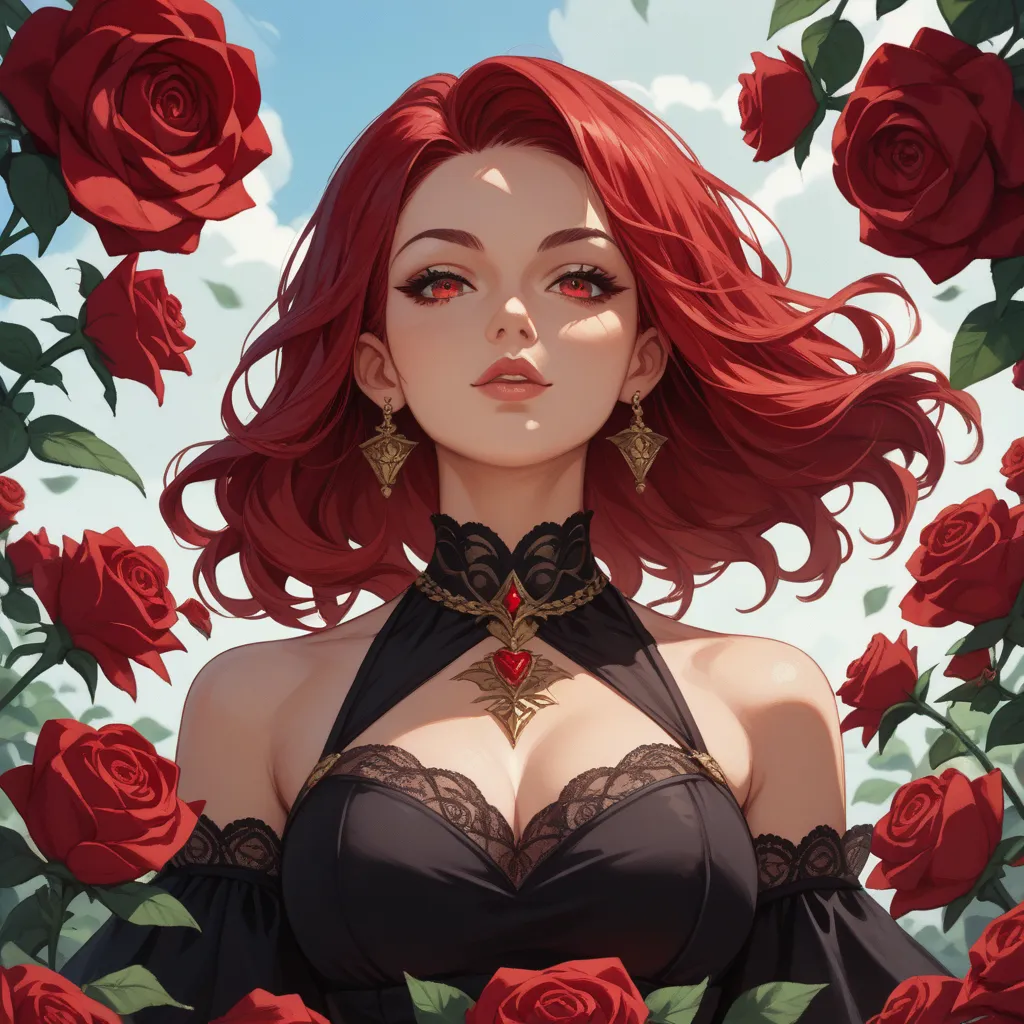 A woman in a round gold frame decorated with roses、red rose,A woman faces the front and smiles triumphantly 、long red  hair、 the wind is blowing 、 red eyes、beautiful、high quality、alone、black dress、devil