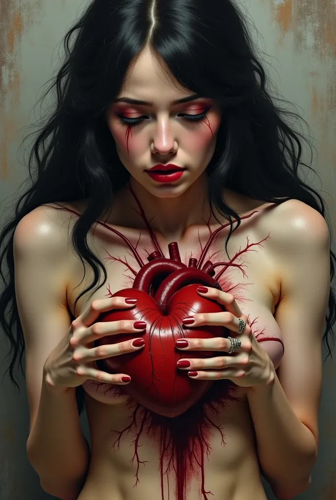 Make a painting of a woman holding her heart in her hands and crying the heart has been ripped from her ribcage and her veins r still attached to the ribcage as she holds her heart in her hands and mourns she should have black hair and black eyes 