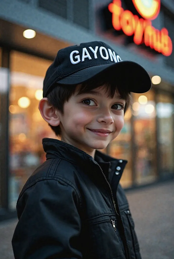 Perfect superrealistic boy, with black cap word "GAYONG", black work coat, normal eyes, nose, mouth, hand, finger, smile. Background night outside modern toy store in Kuala Lumpur, large clear signboard "TOY HUB", side angel view.