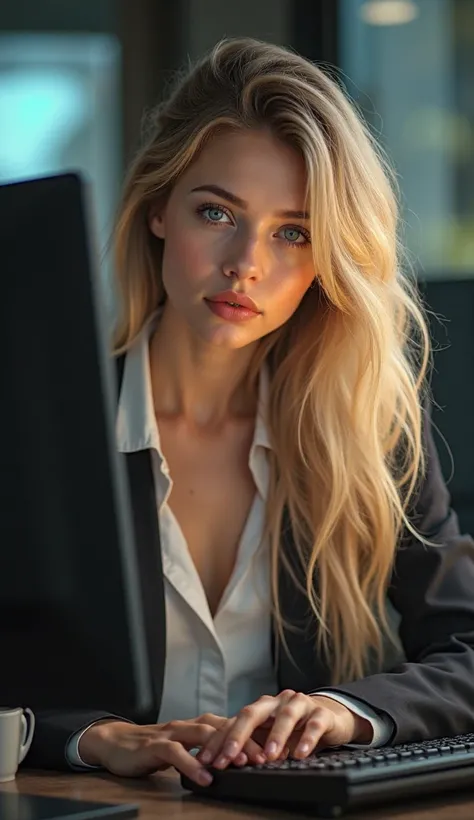 a beautiful girl with long blonde hair, detailed eyes, nose, and lips, wearing  professional outfit, siting in her office, using her computer, hp comuter (best quality,4k,8k,highres,masterpiece:1.2),ultra-detailed,(realistic,photorealistic,photo-realistic:...