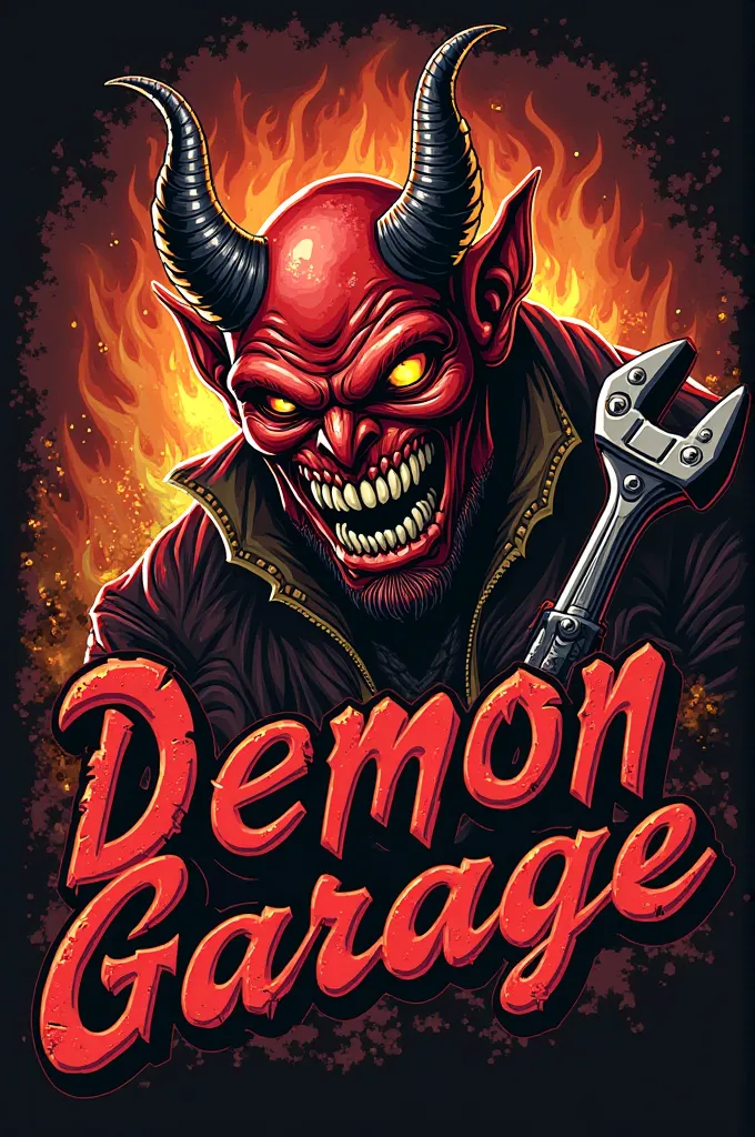 A mechanical workshop that is going to be called Demon Garage wants a logo of a devil that looks like a human, that has human skin, color red, with a French wrench in his hand, with big white teeth, Pulling yellow, with a fire and on the side AN 8V MOTOR s...