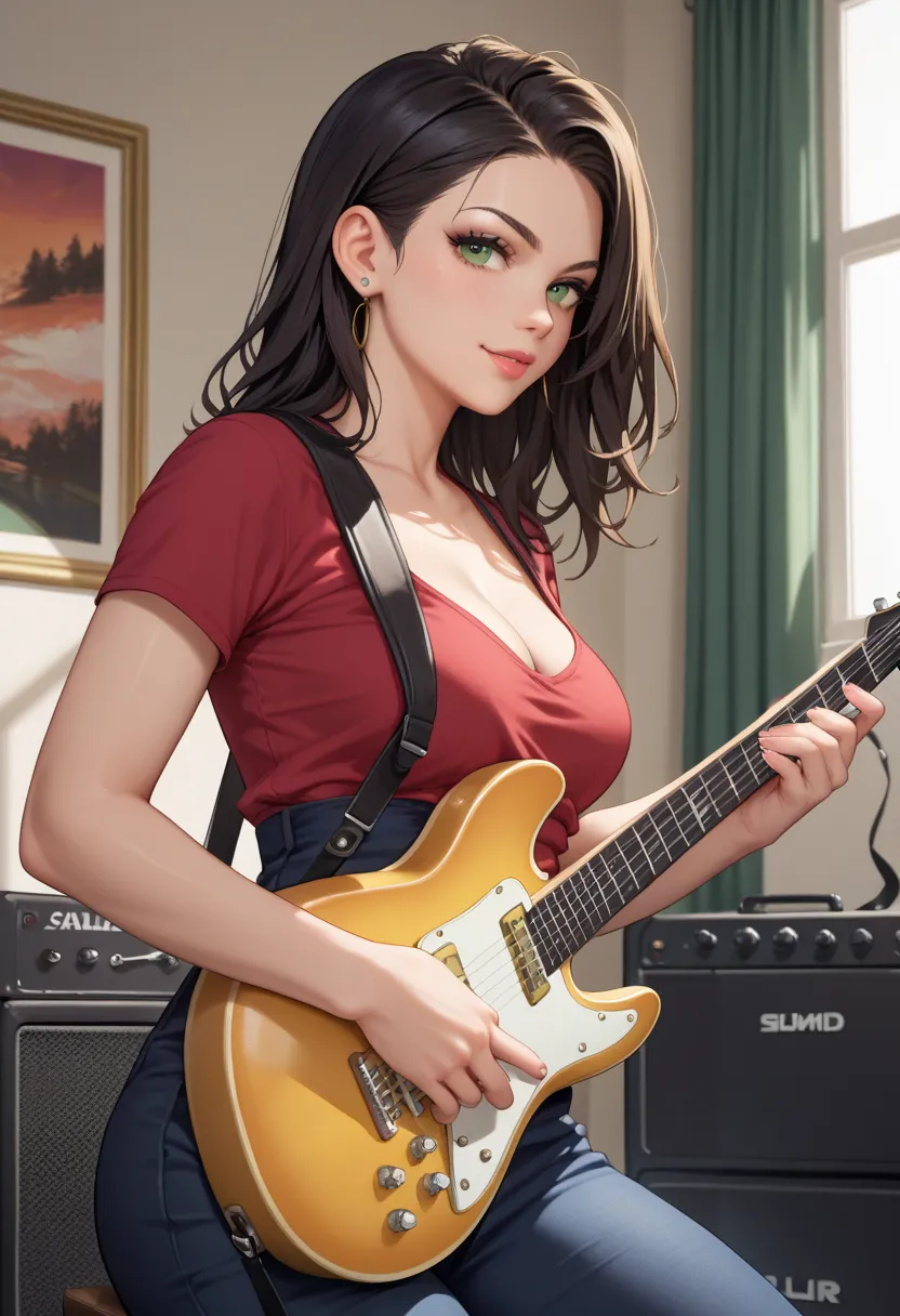 white-skinned girl with black hair with a tuft dyed green and caramel-colored eyes. with a black SG Special electric guitar with potentiometers and covers purple pickups in his hand while he is in a rehearsal room with an amplifier, that is, the head and t...