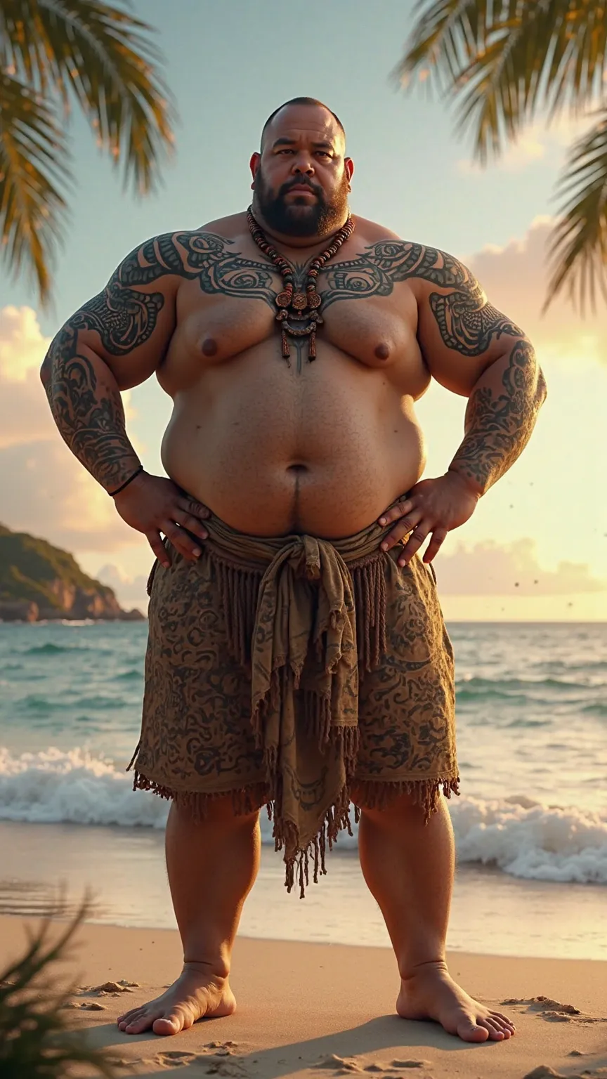 a huge stocky muscular dark-tan skin middle-age man with an all black maori tattoo on the entire arm and torso. His hands are on his hips. Standing straigt up with his legs spread apart. He wears a batik dothi only. He is standing on the white sandy beach ...