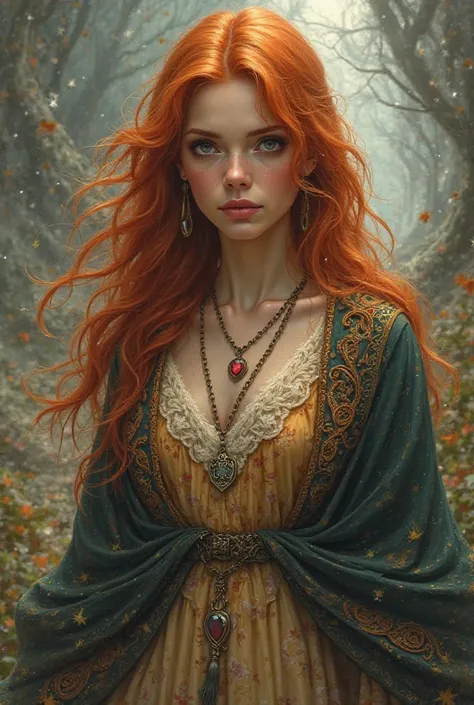 She designs an image of a woman with copper hair length up to her shoulders. Dressed as a gypsy woman and has a chain with the symbol of the witch's knot 