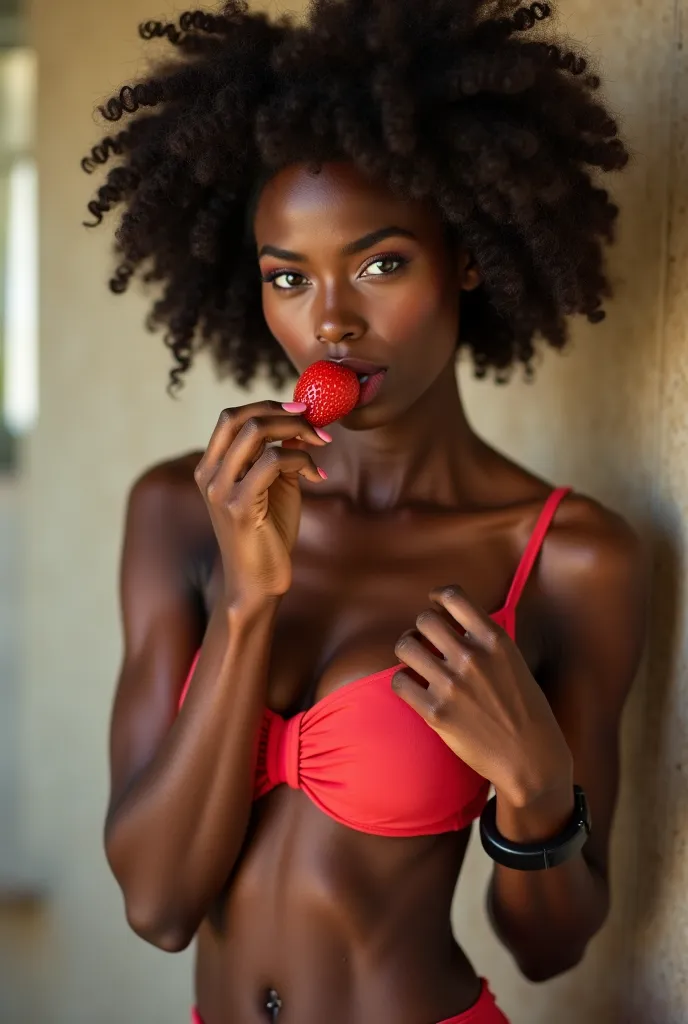 A 26-year-old black Brazilian woman, corpo sexy, Thin waist and thick legs big ass naked in the shower at a luxury hotel she has green eyes and afro hair. super realistic and sexy . Doing sexy poses for an erotic shoot. With a strawberry in the mouth in a ...