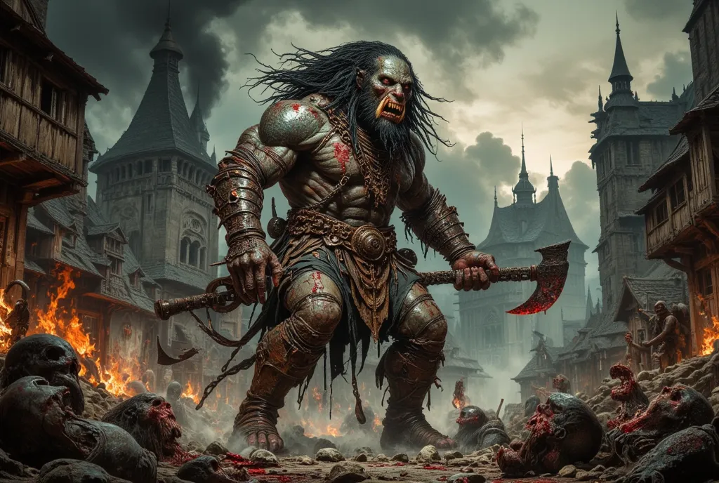 Depict a highly realistic full-length portrait of an angry African orc, clad in loose ill-fitting rusted chain armor and leggings. His dark dreadlocks add an air of anger and danger. His sharp bloodstained tusks add to the horror. The armor is rusted iron ...