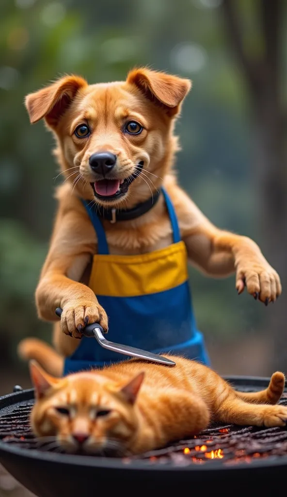 a typical Brazilian mixed-breed dog with caramel color and shaved fur, he is holding a fair, he is at a barbecue, on top of the barbecue you can see a fat orange cat being roasted on the barbecue, the dog uses a barbecue spatula to move the cat, he is wear...