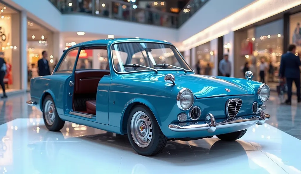 A frint interior view photo of a  scale blue2025 fiat 1100  with a sleek, full modified, modern design. The car is parked on a white surface. The background is a shopping mall with white lights. The photo reveals the luxurious interior. The overall ambianc...