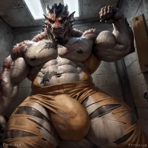 Prison setting, prison cell, dragon, orange clothing, prison jumpsuit, flex, muscular, barazoku, evil grin, torn clothing, huge bulge, by taran fiddler, scar, tattoo, thug, translucent_clothing, (Sharp focus, masterpiece, 8k, intricate artwork, hyper detai...