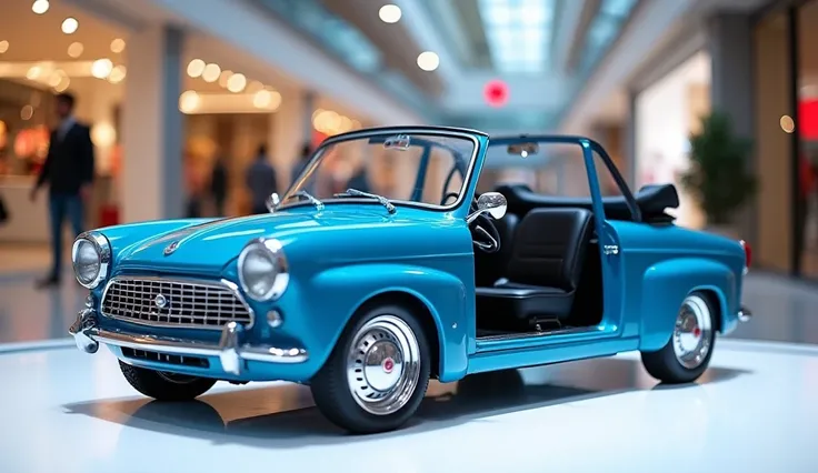 A frint interior view photo of a  scale blue2025 fiat 1100  with a sleek, full modified, modern design. The car is parked on a white surface. The background is a shopping mall with white lights. The photo reveals the luxurious interior. The overall ambianc...