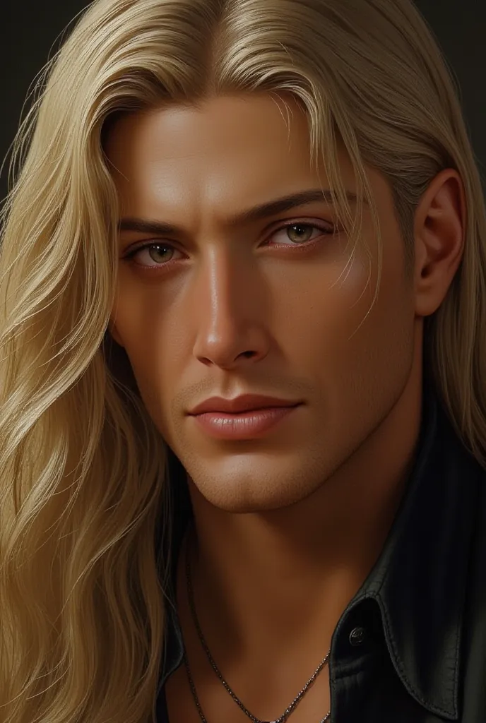 Man with long blond hair to the chest, square face, dark blue eyes,  cinnamon-skinned boy, Features near,  smile.