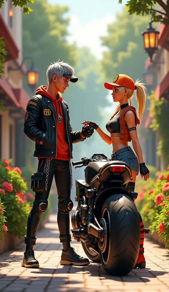 A highly detailed 3D-style scene of a young, stylish male character handing over a sleek, powerful black motorcycle to a confident female character in a vibrant urban street surrounded by a lush garden. The male character has silver hair, wears a black lea...