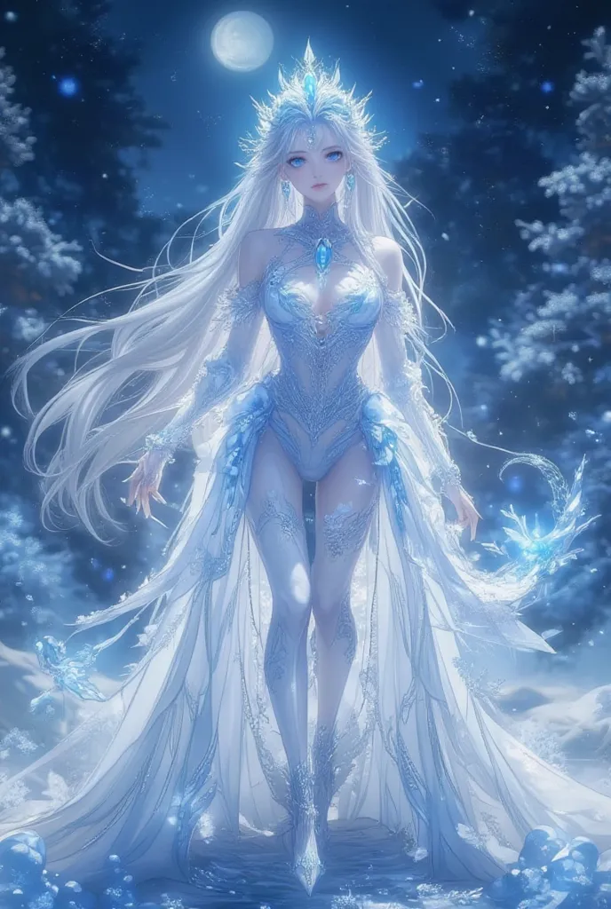 "The Queen of Winter with wavy silver hair that gently shines like ice crystals、Her eyes are clear blue。, deep, Mysterious glow, wears a delicate tiara made of ice and gemstones。. She is wearing a light blue and white gradient long gown。, embroidered with ...