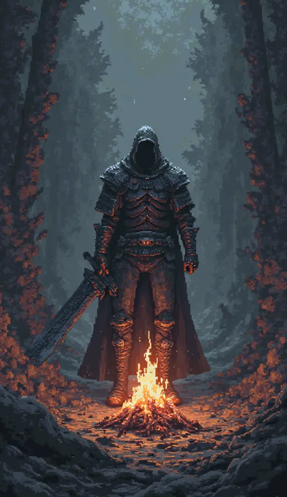 A dark pixilated wallpaper of dark souls 3 character setting on the bonefire