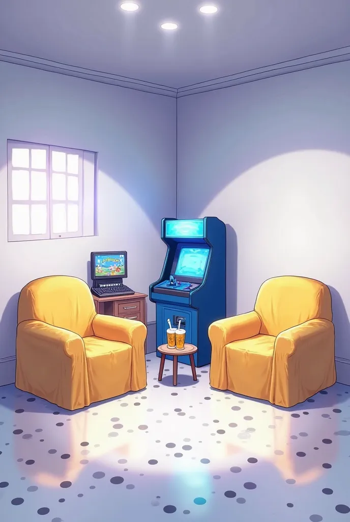 Create an anime-style digital illustration image of a room with 2 armchairs each covered by a yellow blanket, behind the armchairs there is a blue arcade machine, there is a very small wooden desk with a screen and a video game console, the walls are white...