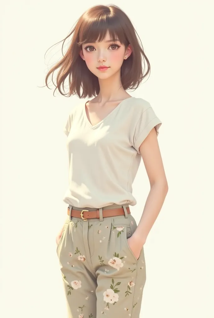 Make a 2D drawing as if you were an   drawing. The drawing is a woman wearing a loose, light white shirt and flower-printed pants with belt 