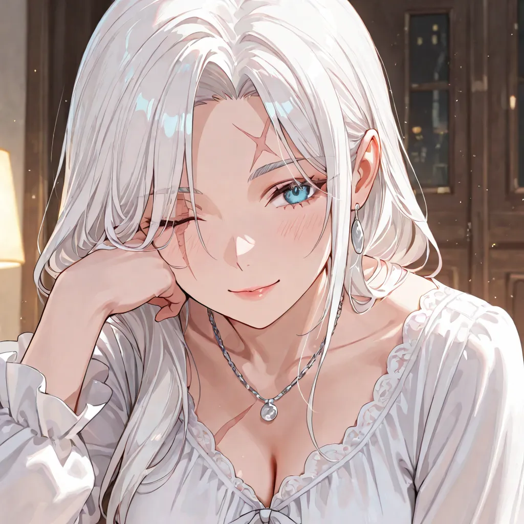 1 woman, Adult, Short WHITE hair, A scar on one eye, Wearing a white blouse And a silver necklace 