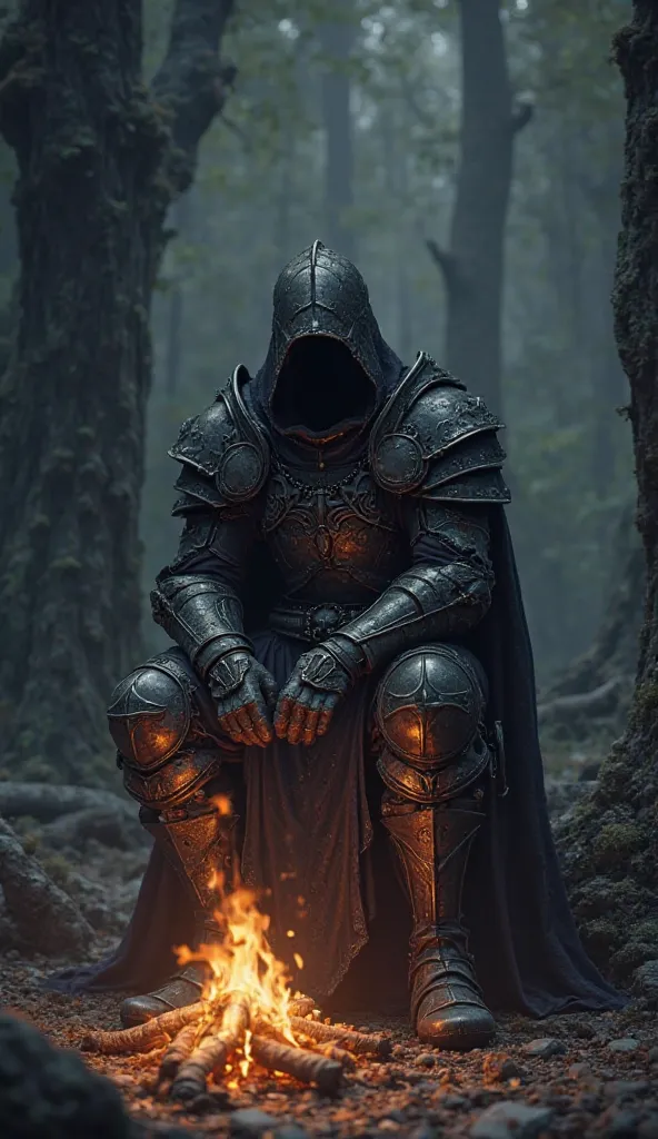 A dark pixilated wallpaper of dark souls 3 character wearing full armour resting on the bonefire