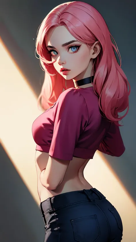 (masterpiece, best quality:1.4), official art, absurdres, vivid colors, looking at viewer, girl, asian , long pink hair, beautiful eyes, tight crop top, tight pants, choker, navel, slender, big breasts, cleavage, (arch back), small head, sharp focus, dynam...