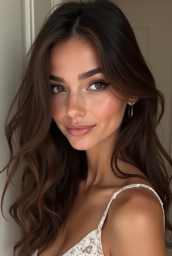 - *First:* Brown
- *Hair:* Dark brown, wavy and medium length, falling gently on the shoulders.
- *eyes:* color of the dark brown irises, with a rounded shape.
- *face:* Oval, with a wide forehead,  straight nose and medium lips .
- *Body:* half chubby to ...