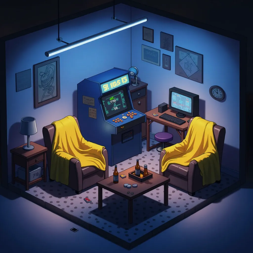 Create an anime-style digital illustration image of a room with 2 armchairs each covered by a yellow blanket, behind the armchairs there is a blue arcade machine, there is a very small wooden desk with a screen and a video game console, the walls are white...