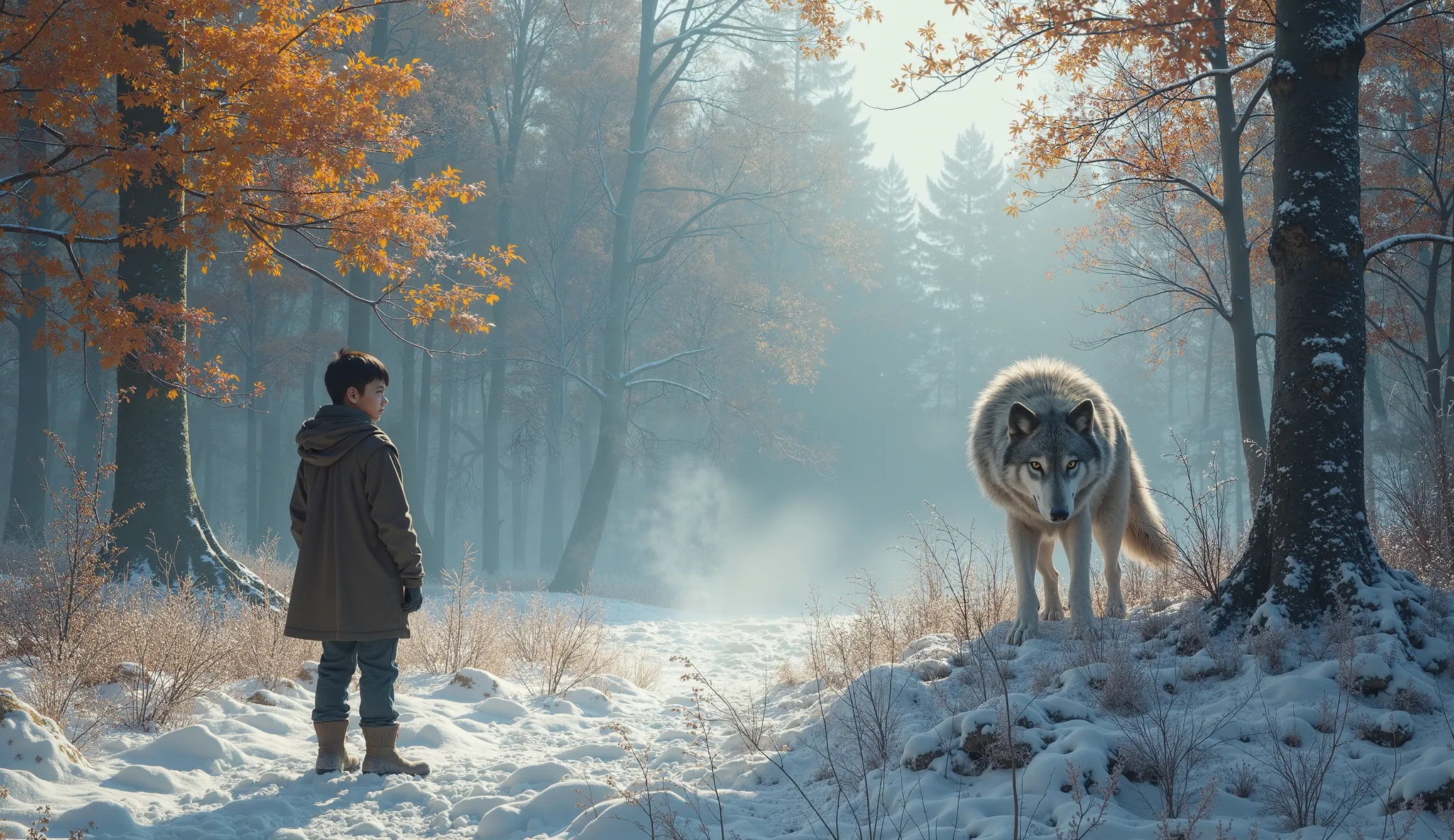 A  boy stands still in an autumn forest lightly covered with snow, his breath visible in the crisp air. The golden and red leaves mix with the thin layer of frost on the ground, creating a stunning contrast of seasons. In the distance, a lone wolf—the alph...