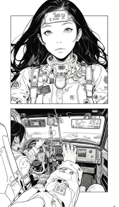 Cartoons of cars and women driving cars, Manga inspired by Taiyo Matsumoto,  trending on pixiv, 2 Panels , Initial D manga page , black and white  manga panel ,  black and white manga pages ,  manga panel s,  Award-winning manga style , black and white man...