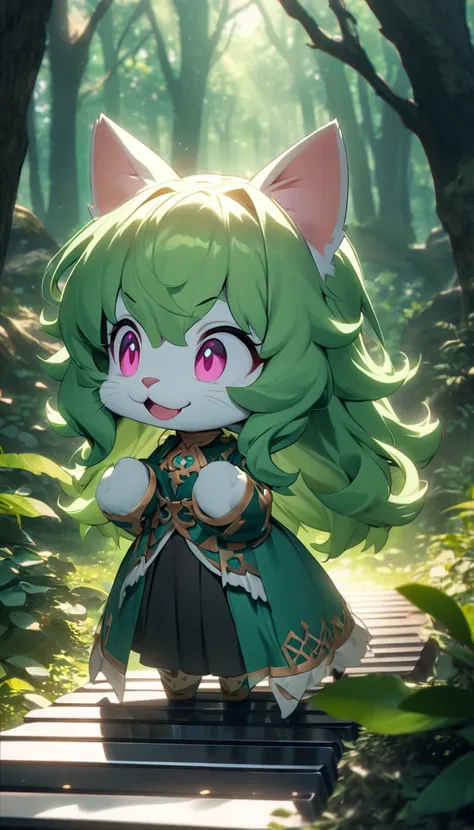 4K,high quality、super deformed, furry, funny, best quality, super fine, 16k, The cute little cat god with light green hair is light green、skin is white and pink,  in the woods ,  fantasy world images , wonderfully mysterious, Mr.々visual styles that combine...