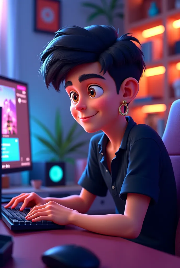 A young man of , with black short hair, boxy face, and brown eyes, wearing black dress shirt, 3d cartoon, with hoop earring, in a room using a computer, gamer room.