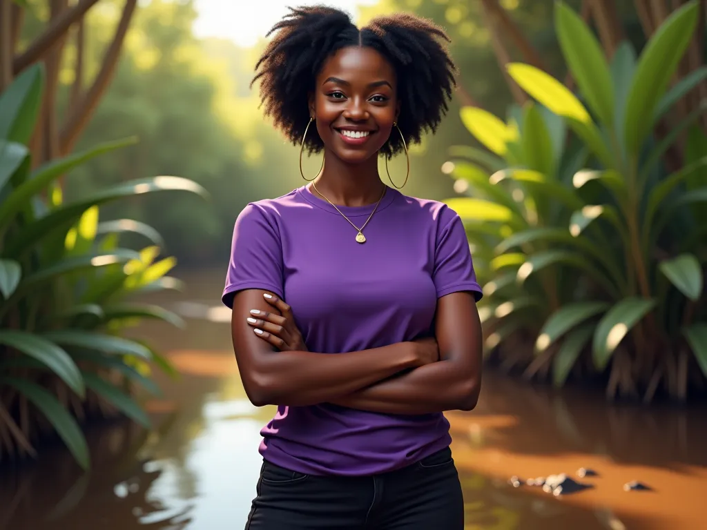 Full-body realistic portrait of a black woman smiling with a strong and confident posture,  in a natural setting . He is wearing a plain purple t-shirt with a round neck and dark pants.  On the right hand , he holds an Ibiri , suggesting practical use .  T...