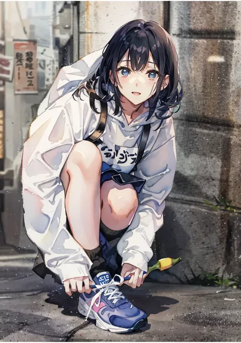 arafed asian woman crouching down on a skateboard with a banana in her hand, she is wearing streetwear, the anime girl is crouching, japanese streetwear, chiho, portrait of a japanese , young gravure idol, tsubasa nakai's style, shiori teshirogi, girl wear...