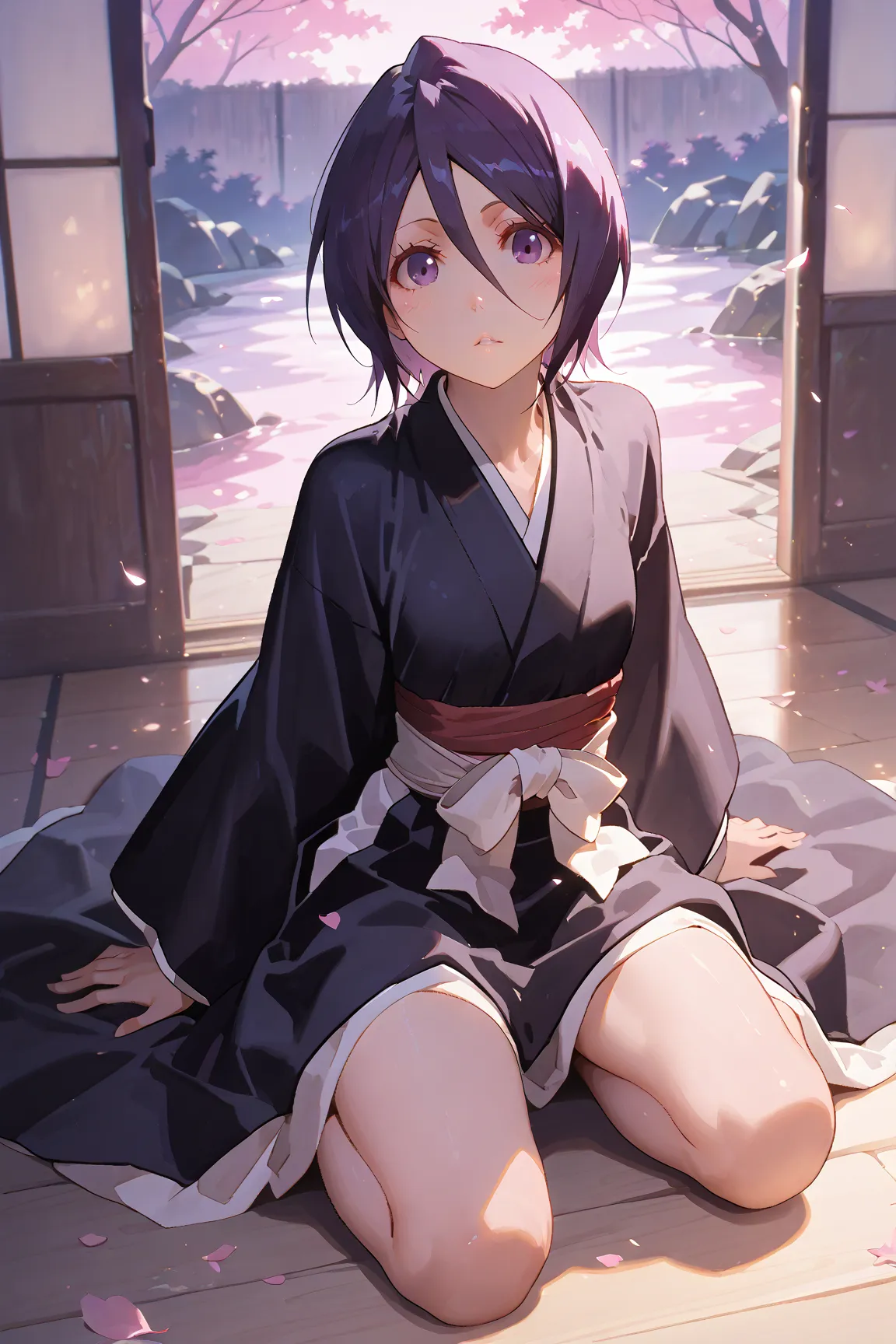 masterpiece,nfsw,  High Definition , best quality,8k,
((Rukia Kuchiki  -Bleach ))
, hair between eyes, purple eyes, black short hair, japanese clothes, black kimono, 
,
, fullbody