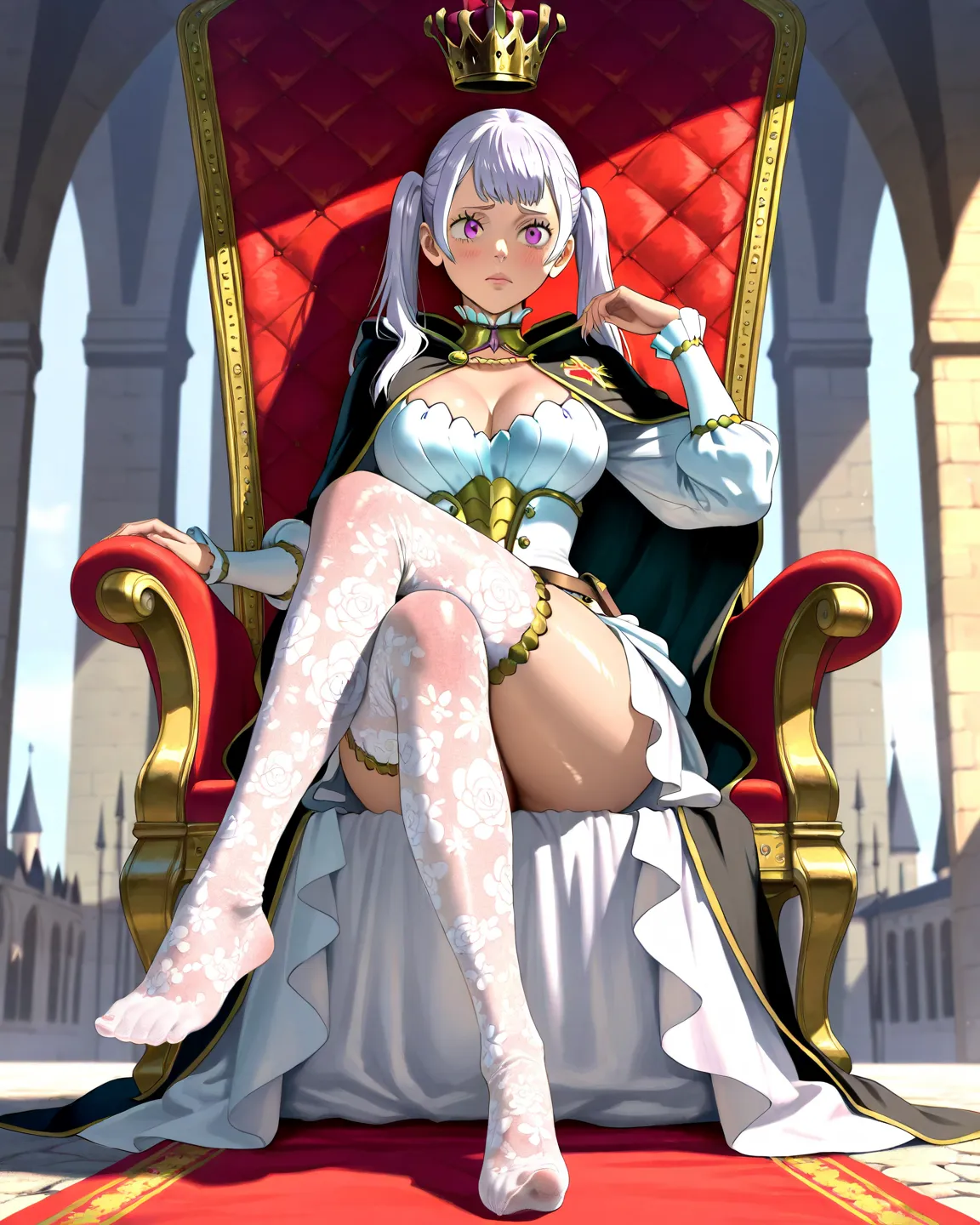 Noelle Silva from Black Clover, beautiful face, beautiful hair, shy look directly to the eyes, precious lips, precious eyes, anime royal outfit, thigh miniskirt, black cape, big chest, shiny skin, perfect legs, white nylon floral stockings, barefeet, beaut...